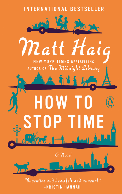 Cover of How to Stop Time, blue cityscapes on an orange background with white text